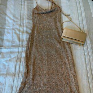 Vintage Y2K Jump Brand Body-Con Prom Gown – Deep Gold Glitter, Size 3/4, NWT